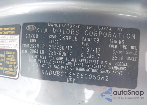 2009 Kia Sedona Ex из США, поврежденный, VIN KNDMB233596305582